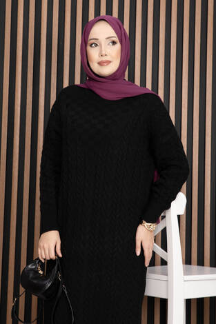 Saç Örgü Dokulu Triko Elbise Siyah - Thumbnail