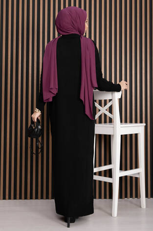 Saç Örgü Dokulu Triko Elbise Siyah - Thumbnail