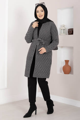 Saç Örgü Kuşaklı Triko Hırka Antrasit - Thumbnail