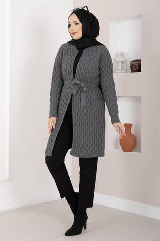 Saç Örgü Kuşaklı Triko Hırka Antrasit