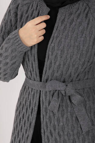 Saç Örgü Kuşaklı Triko Hırka Antrasit - Thumbnail