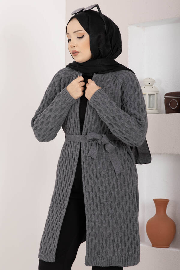 RAF - Saç Örgü Kuşaklı Triko Hırka Antrasit (1)