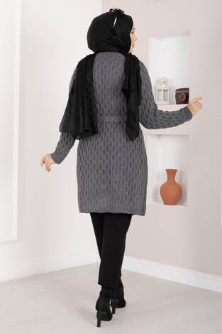 Saç Örgü Kuşaklı Triko Hırka Antrasit - Thumbnail