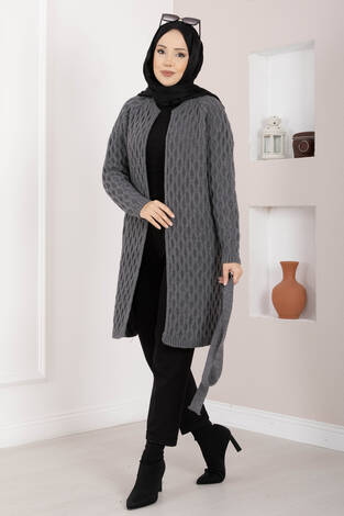 Saç Örgü Kuşaklı Triko Hırka Antrasit - Thumbnail