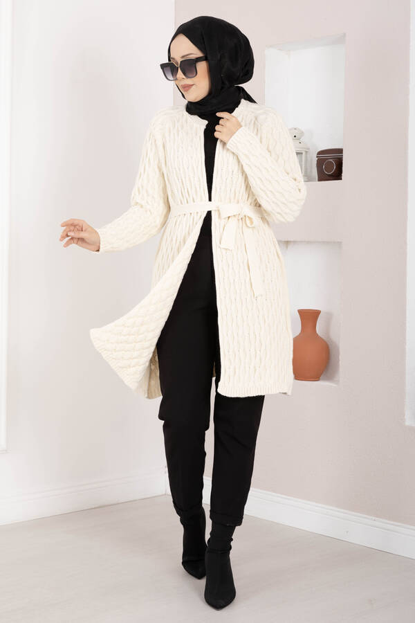 RAF - Saç Örgü Kuşaklı Triko Hırka Ekru