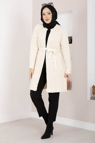 Saç Örgü Kuşaklı Triko Hırka Ekru - Thumbnail