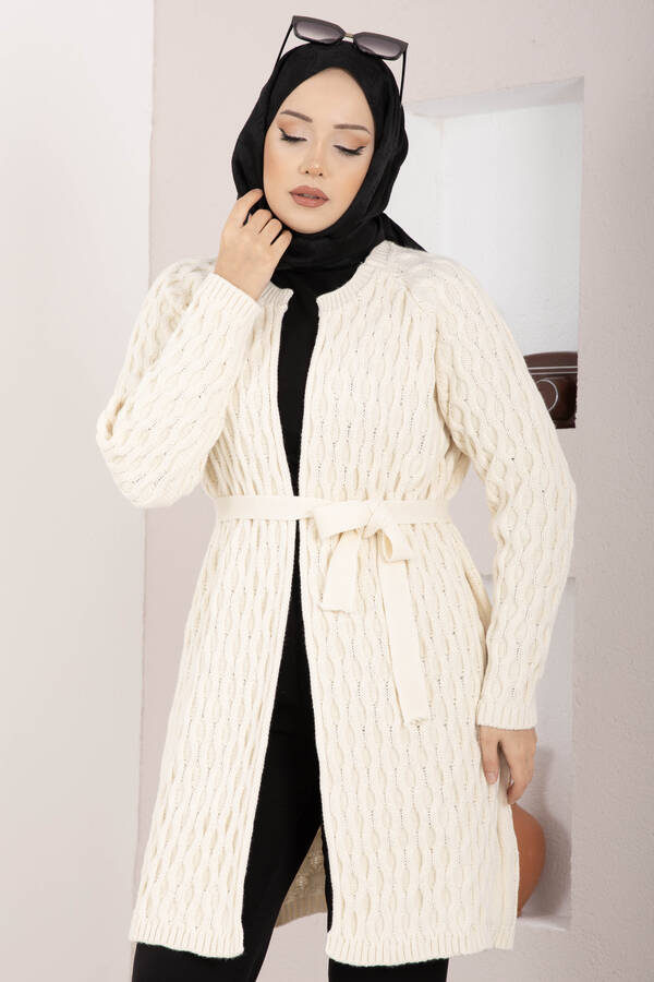 RAF - Saç Örgü Kuşaklı Triko Hırka Ekru (1)