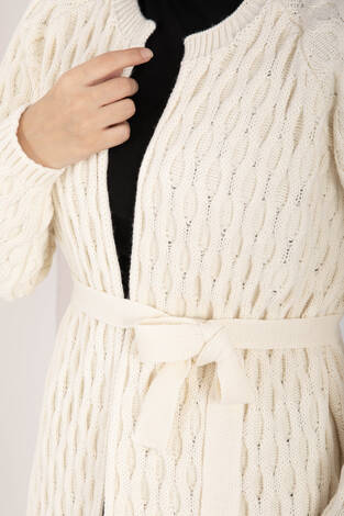 Saç Örgü Kuşaklı Triko Hırka Ekru - Thumbnail