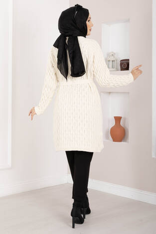 Saç Örgü Kuşaklı Triko Hırka Ekru - Thumbnail