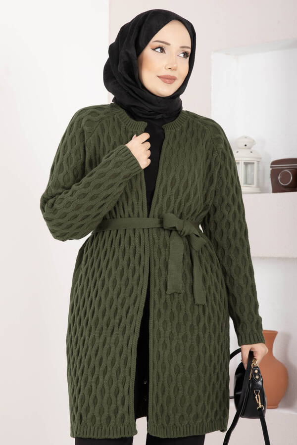 RAF - Saç Örgü Kuşaklı Triko Hırka Haki (1)