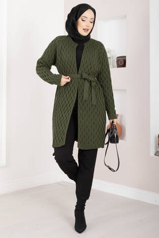 Saç Örgü Kuşaklı Triko Hırka Haki