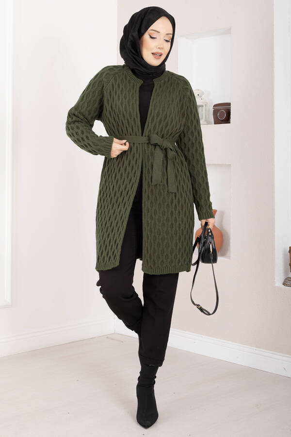 RAF - Saç Örgü Kuşaklı Triko Hırka Haki