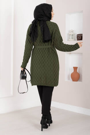 Saç Örgü Kuşaklı Triko Hırka Haki - Thumbnail