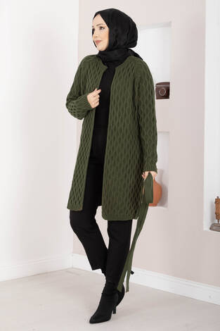 Saç Örgü Kuşaklı Triko Hırka Haki - Thumbnail