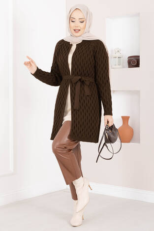 Saç Örgü Kuşaklı Triko Hırka Kahve - Thumbnail