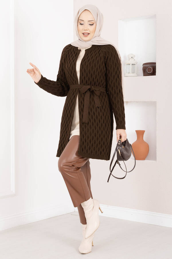 RAF - Saç Örgü Kuşaklı Triko Hırka Kahve