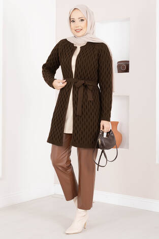 Saç Örgü Kuşaklı Triko Hırka Kahve - Thumbnail