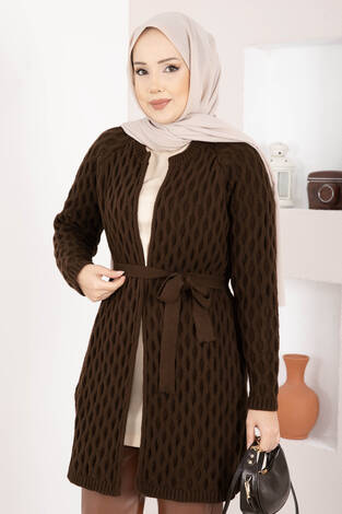 Saç Örgü Kuşaklı Triko Hırka Kahve - Thumbnail