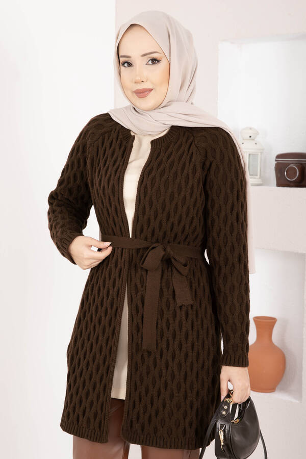 RAF - Saç Örgü Kuşaklı Triko Hırka Kahve (1)