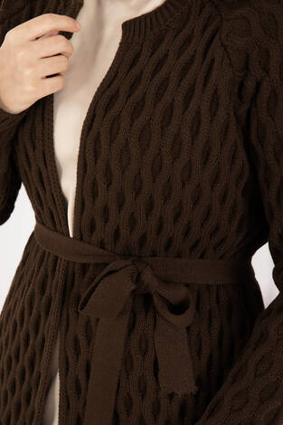 Saç Örgü Kuşaklı Triko Hırka Kahve - Thumbnail
