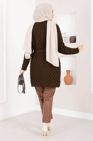 Saç Örgü Kuşaklı Triko Hırka Kahve - Thumbnail