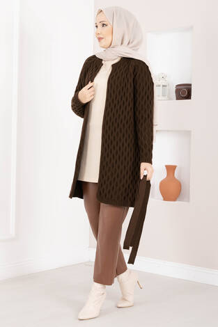 Saç Örgü Kuşaklı Triko Hırka Kahve - Thumbnail