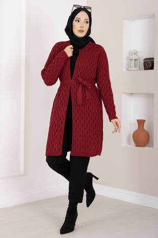 Saç Örgü Kuşaklı Triko Hırka Kırmızı - Thumbnail