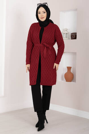 Saç Örgü Kuşaklı Triko Hırka Kırmızı - Thumbnail