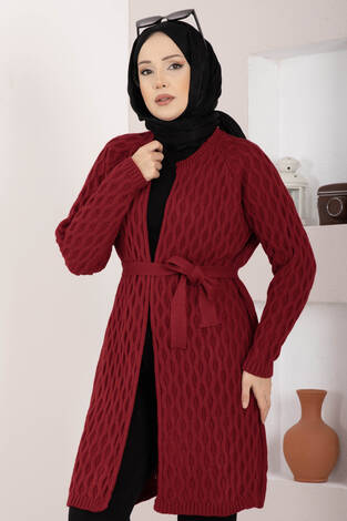 Saç Örgü Kuşaklı Triko Hırka Kırmızı - Thumbnail