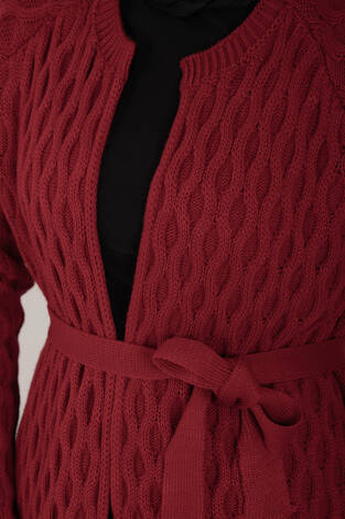 Saç Örgü Kuşaklı Triko Hırka Kırmızı - Thumbnail