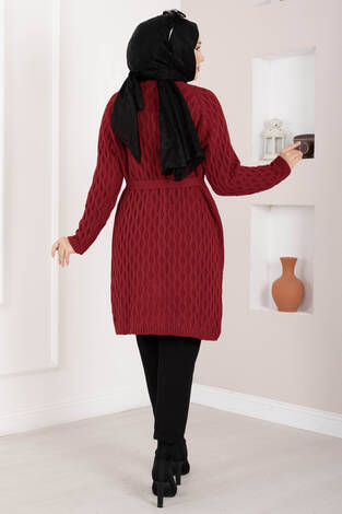 Saç Örgü Kuşaklı Triko Hırka Kırmızı - Thumbnail