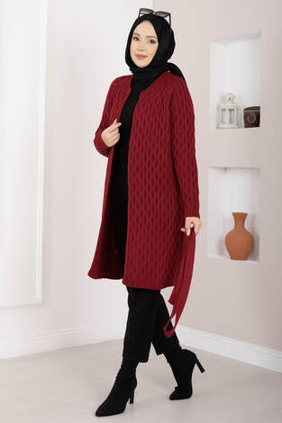 Saç Örgü Kuşaklı Triko Hırka Kırmızı - Thumbnail