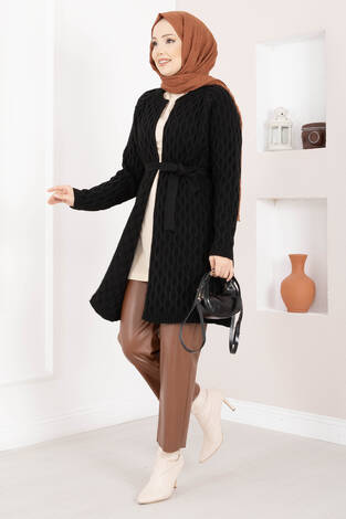 Saç Örgü Kuşaklı Triko Hırka Siyah - Thumbnail