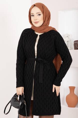 Saç Örgü Kuşaklı Triko Hırka Siyah - Thumbnail