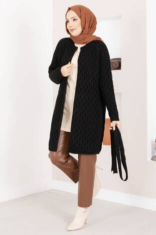 Saç Örgü Kuşaklı Triko Hırka Siyah