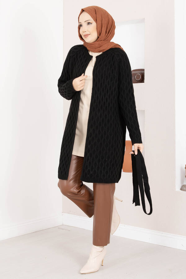 RAF - Saç Örgü Kuşaklı Triko Hırka Siyah