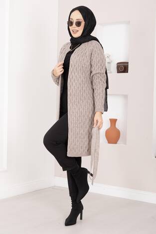 Saç Örgü Kuşaklı Triko Hırka Taş - Thumbnail