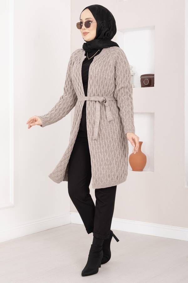 RAF - Saç Örgü Kuşaklı Triko Hırka Taş