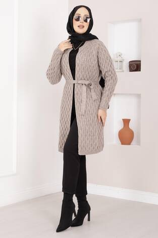 Saç Örgü Kuşaklı Triko Hırka Taş - Thumbnail