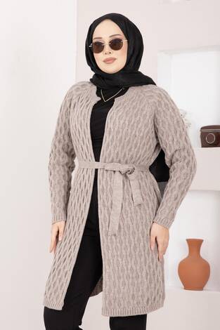 Saç Örgü Kuşaklı Triko Hırka Taş - Thumbnail