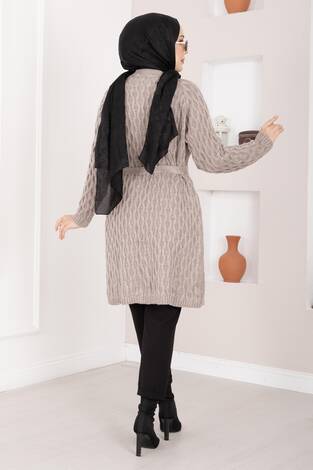 Saç Örgü Kuşaklı Triko Hırka Taş - Thumbnail