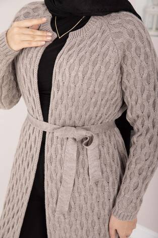 Saç Örgü Kuşaklı Triko Hırka Taş - Thumbnail