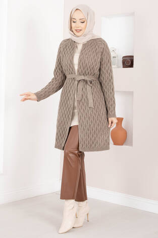 Saç Örgü Kuşaklı Triko Hırka Vizon - Thumbnail