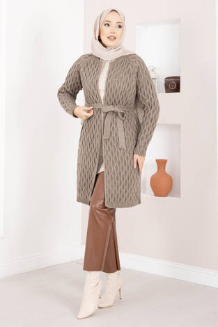 Saç Örgü Kuşaklı Triko Hırka Vizon - Thumbnail