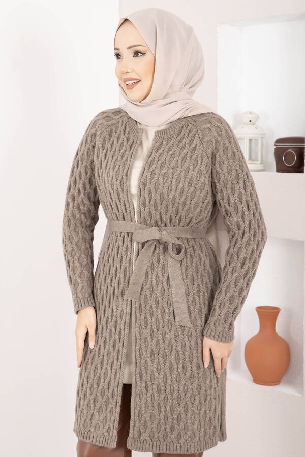 RAF - Saç Örgü Kuşaklı Triko Hırka Vizon (1)