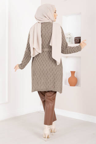 Saç Örgü Kuşaklı Triko Hırka Vizon - Thumbnail