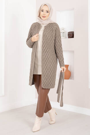 Saç Örgü Kuşaklı Triko Hırka Vizon - Thumbnail