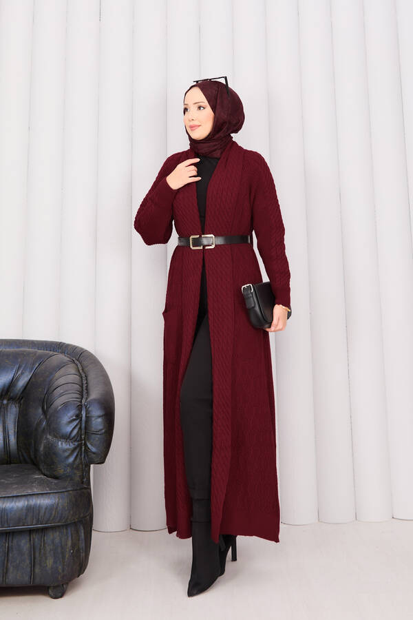 Saç Örgü Şal Yaka Tesettür Triko Hırka Bordo - 4