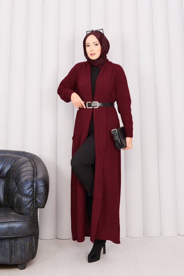 Saç Örgü Şal Yaka Tesettür Triko Hırka Bordo - 5