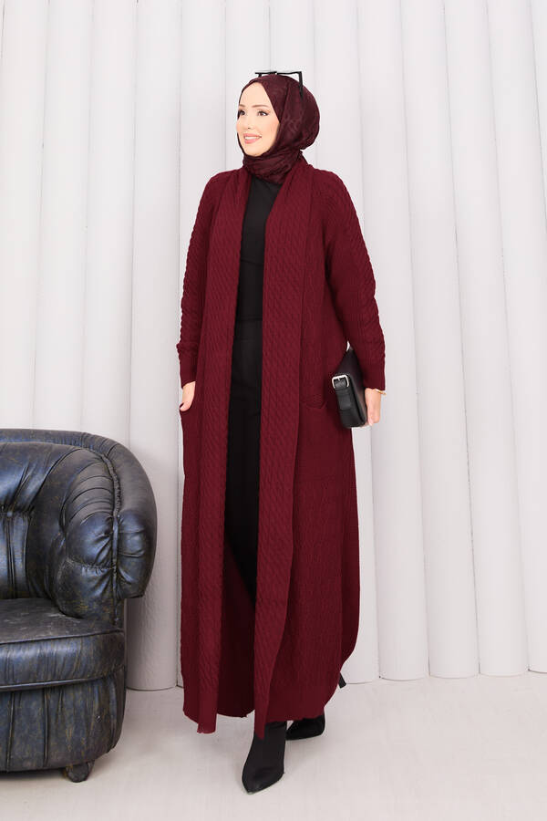 Saç Örgü Şal Yaka Tesettür Triko Hırka Bordo - 6
